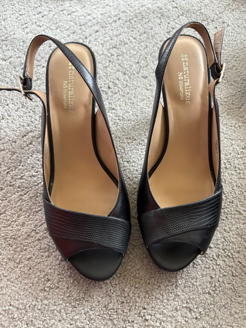Naturalizer N5 Comfort Black Peep Toe Slingback Heels - leather- Size 9M/39 EUR